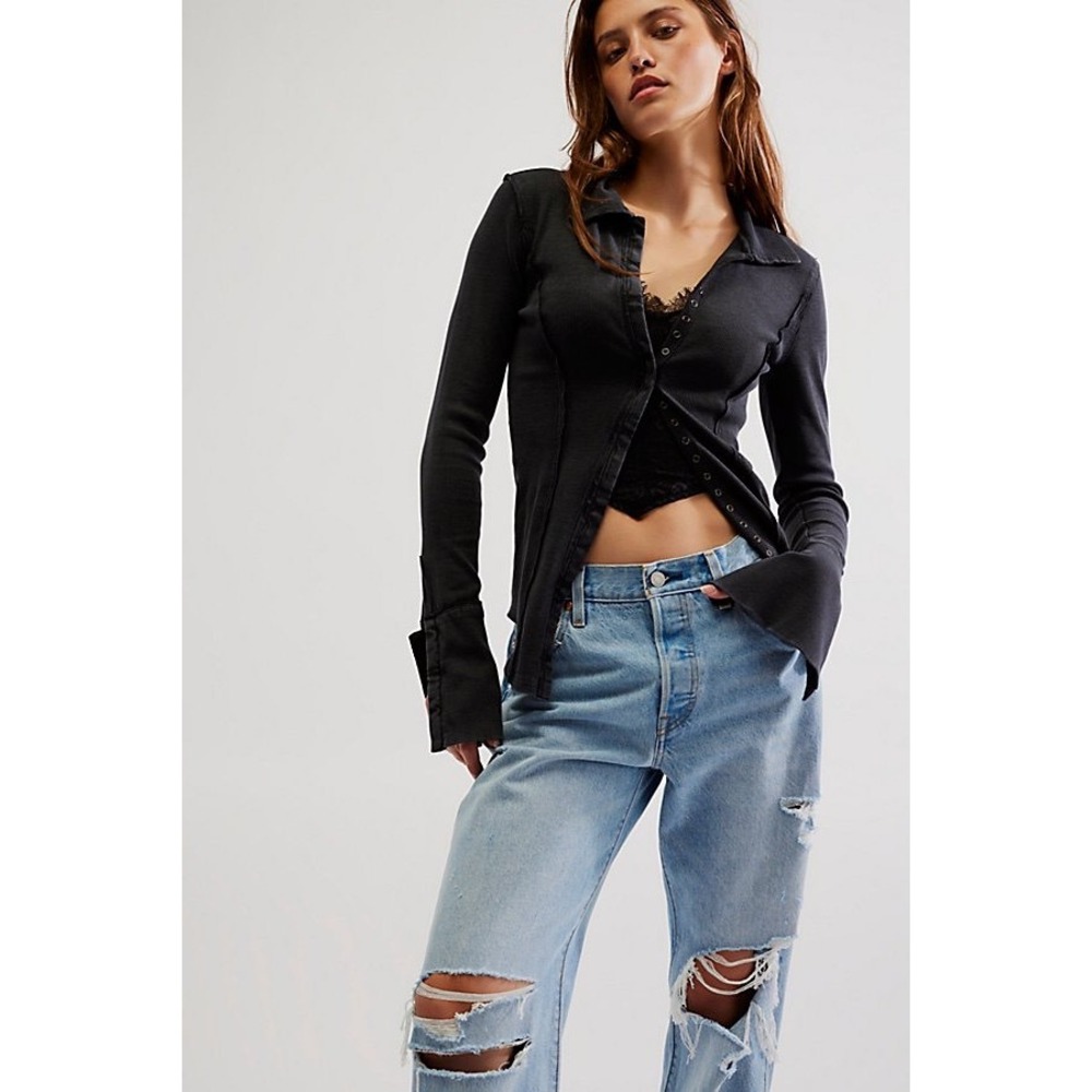 Free People We The Free Dropping Tears Shirting Top Faded Black Ribbed Small